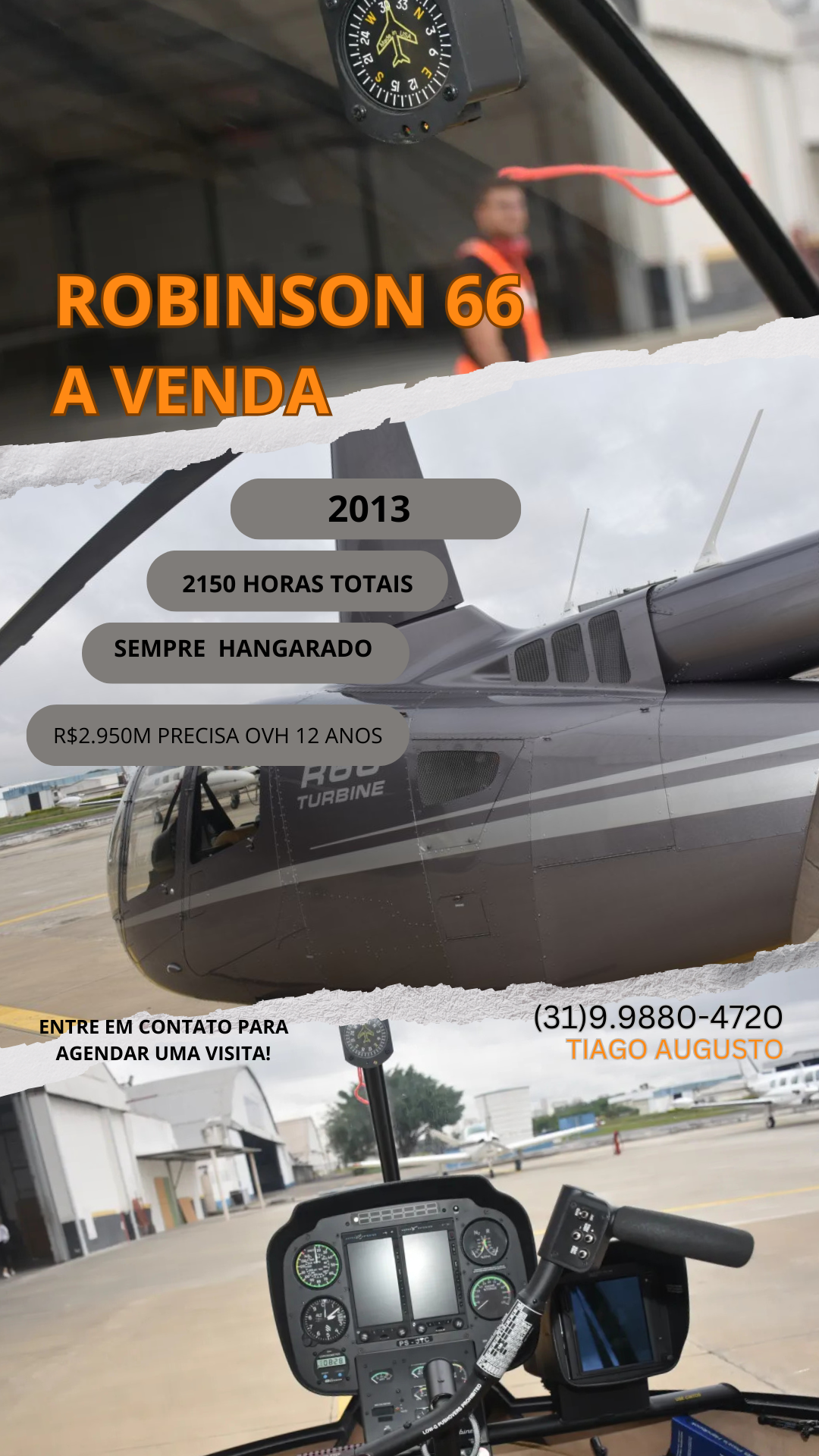 Robinson R66 à venda no Brasil. Helicóptero usado, ano 2013, 2.150 horas totais, necessita OVH/12 anos. Excelente oportunidade de compra com ótimo custo-benefício. Contato: (31) 99880-4720.