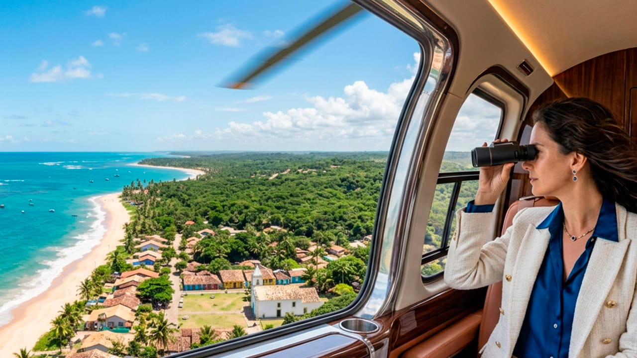 Como chegar a Trancoso com vista aérea da costa baiana a partir do interior de um helicóptero executivo, mostrando praias, falésias e paisagens naturais durante um voo panorâmico.