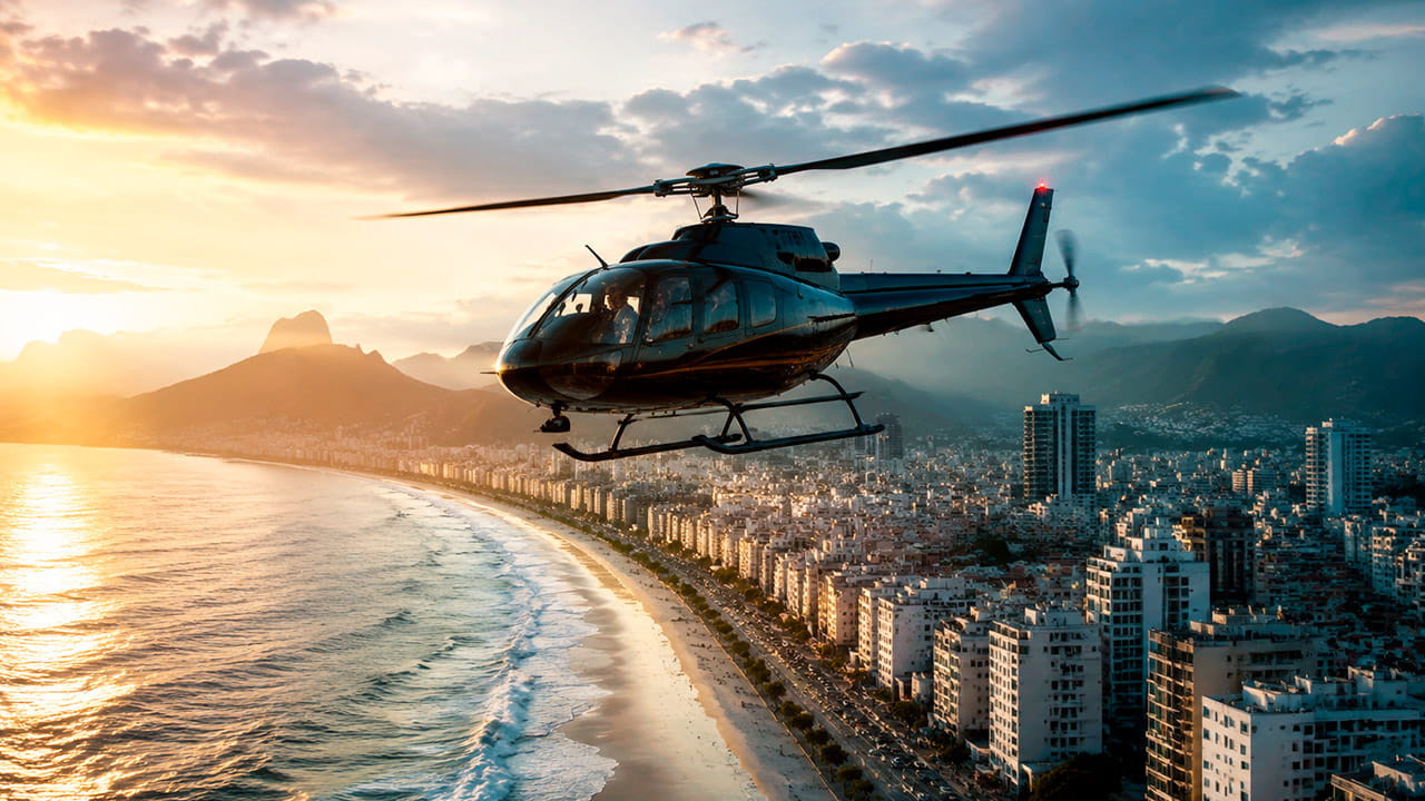 Contratar helicóptero no Brasil com helicóptero executivo sobrevoando cidade costeira em cenário de pôr do sol, destacando transporte aéreo de luxo e mobilidade aérea.