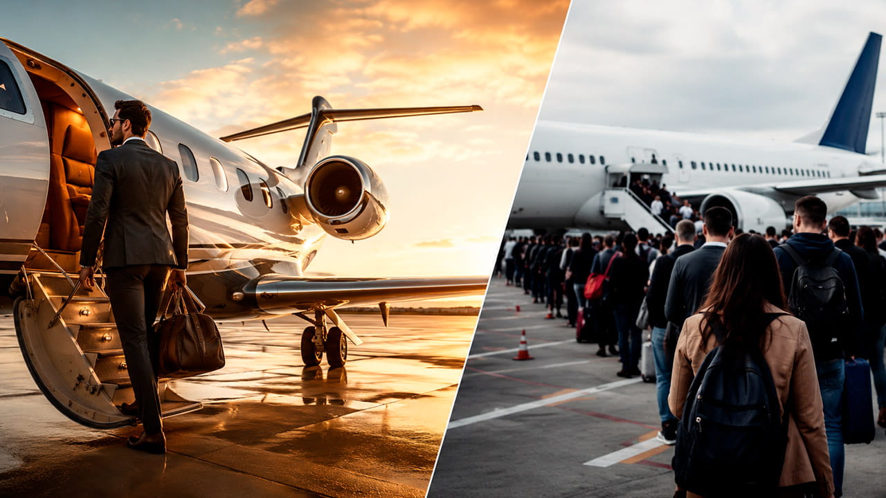 Pessoal subindo em um jato comparando com outras pessoas em uma fila grande de embarque, evidenciando as vantagens do táxi aéreo em relação aos voos comerciais