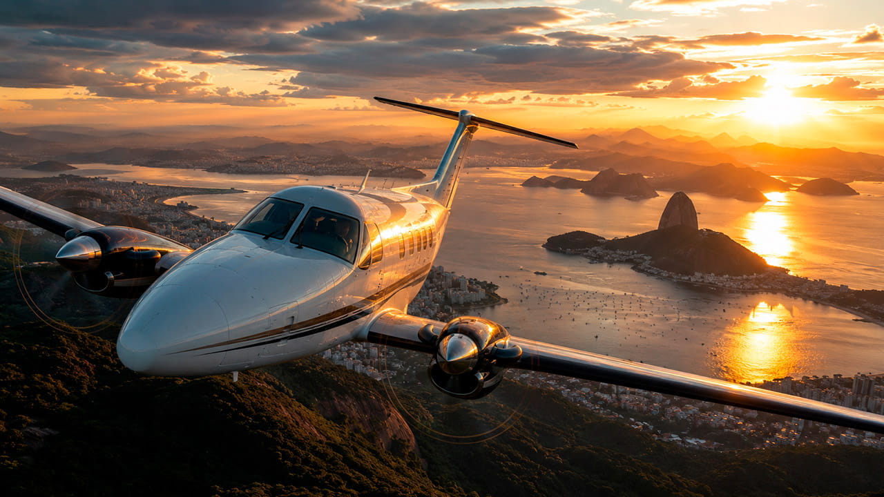 Como funciona o fretamento de aeronaves no Brasil com avião executivo em voo sobre o litoral brasileiro.