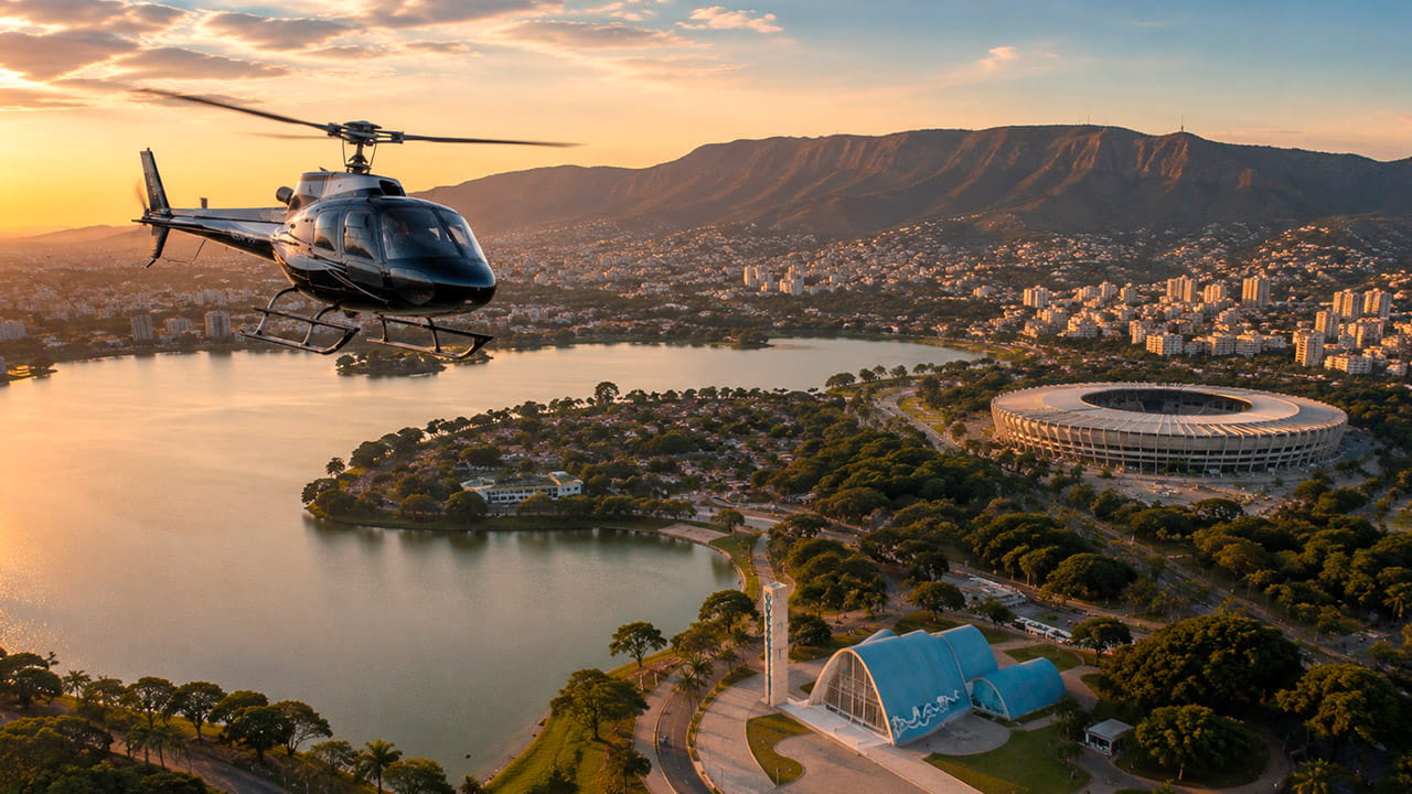 Passeio de helicóptero em Belo Horizonte com vista aérea da Lagoa da Pampulha, Mineirão e Igreja São Francisco de Assis.
