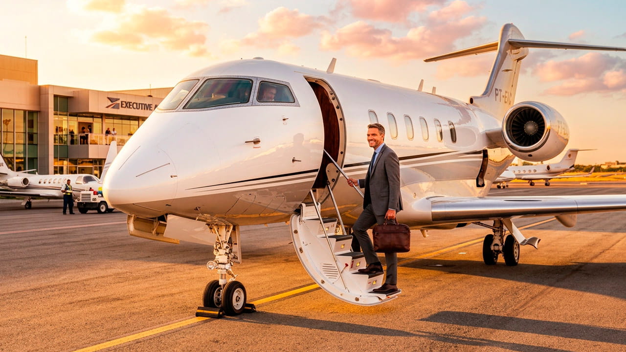 Empresário entrando em jato representando o Táxi aéreo para viagens de negócios