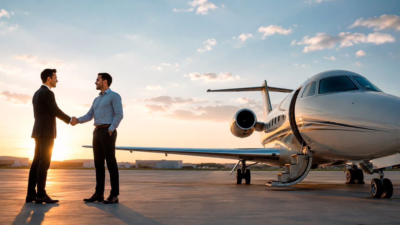 Jato executivo estacionado em aeroporto enquanto representantes conclui a compra, ilustrando o processo de financiamento de aeronaves.