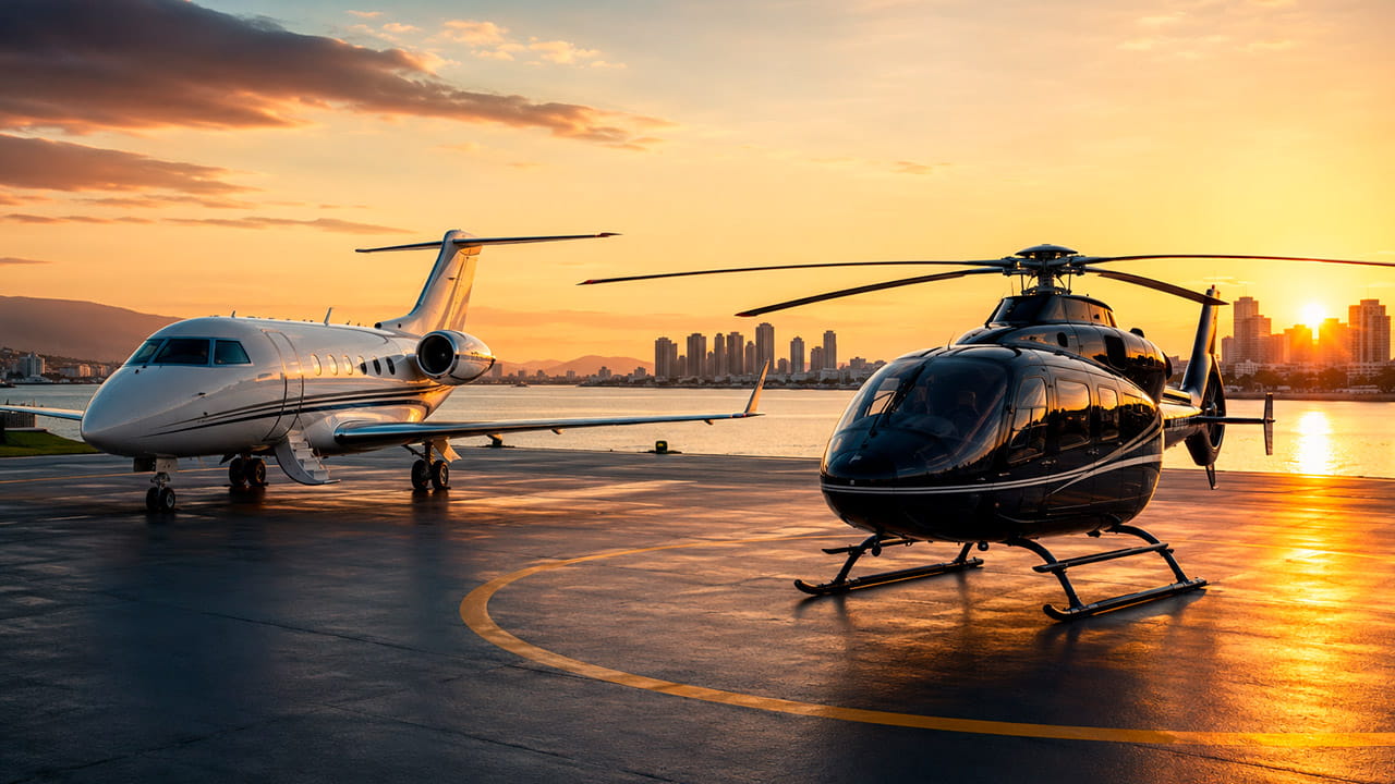 Táxi aéreo sob demanda com helicóptero e avião executivo preparados para uma operação exclusiva.