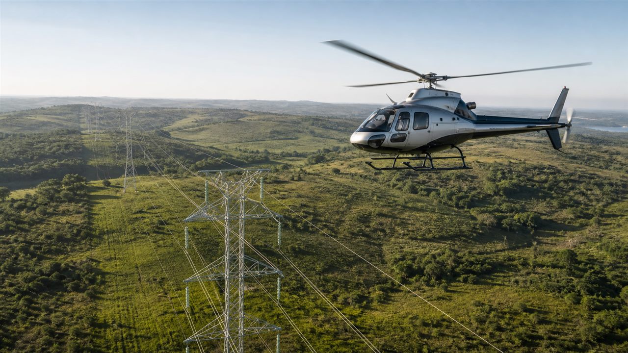 Helicóptero realizando inspeção aérea de linhas de transmissão em área rural