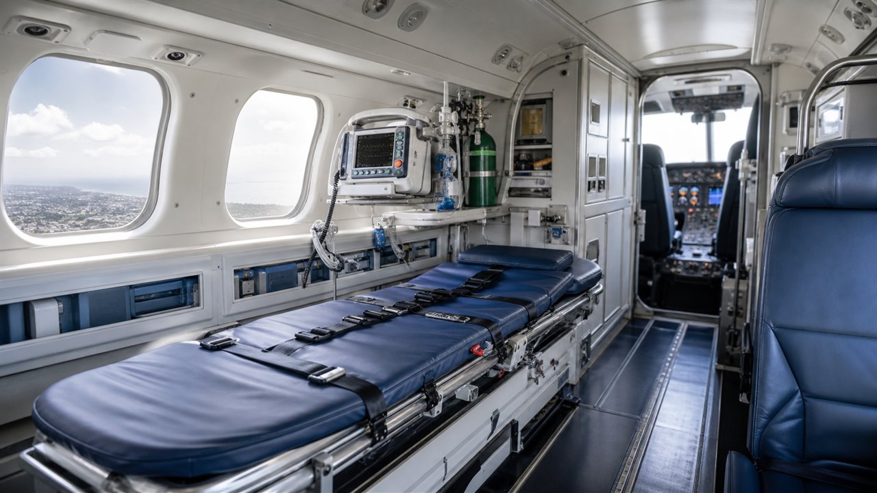 Interior de avião equipado para transporte aeromédico com maca e monitor