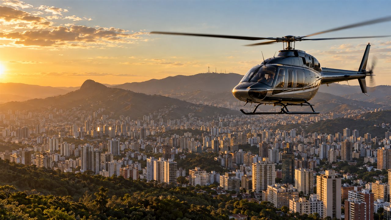 Imagem ilustrativa de helicóptero executivo sobre Belo Horizonte ao pôr do sol.