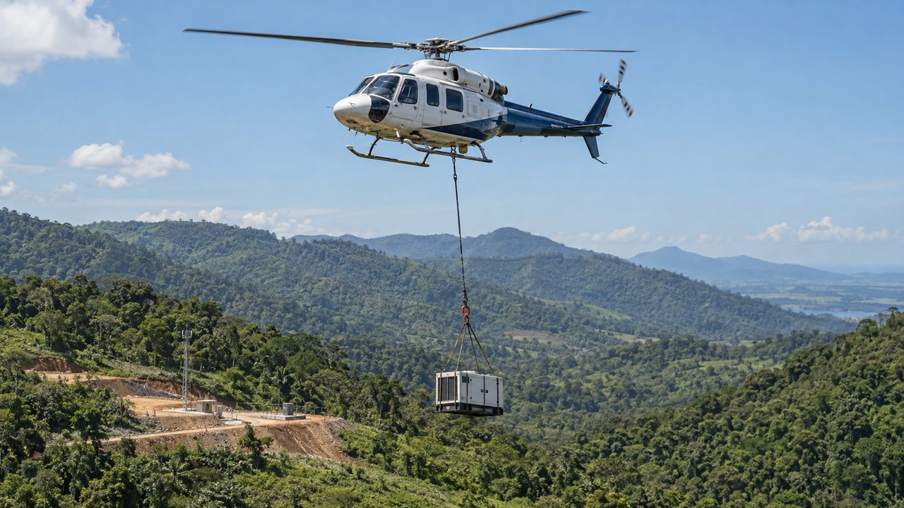 Imagem ilustrativa de helicóptero de carga transportando equipamento por cabo externo sobre área remota.