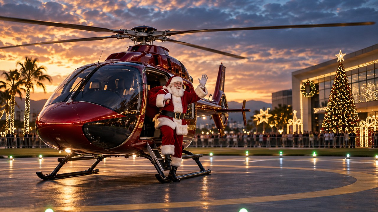 Imagem ilustrativa da chegada do Papai Noel de helicóptero a evento de Natal, com o público atrás de barreiras