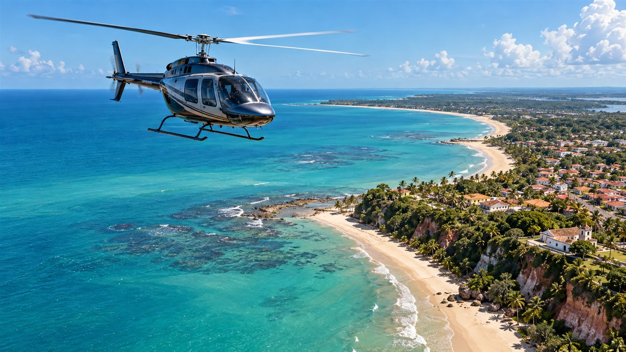 Imagem ilustrativa de helicóptero em voo sobre o litoral de Porto Seguro, na Bahia.