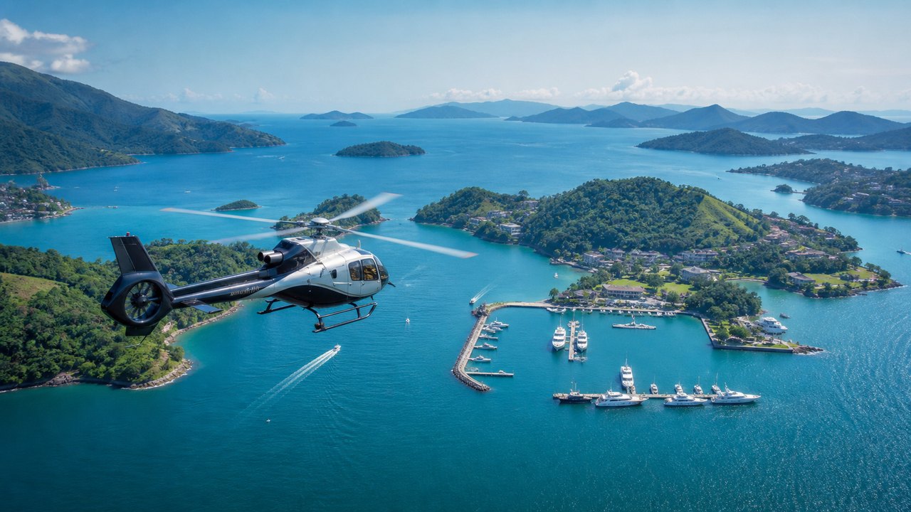 Imagem ilustrativa de helicóptero executivo sobre a baía e a marina de Angra dos Reis