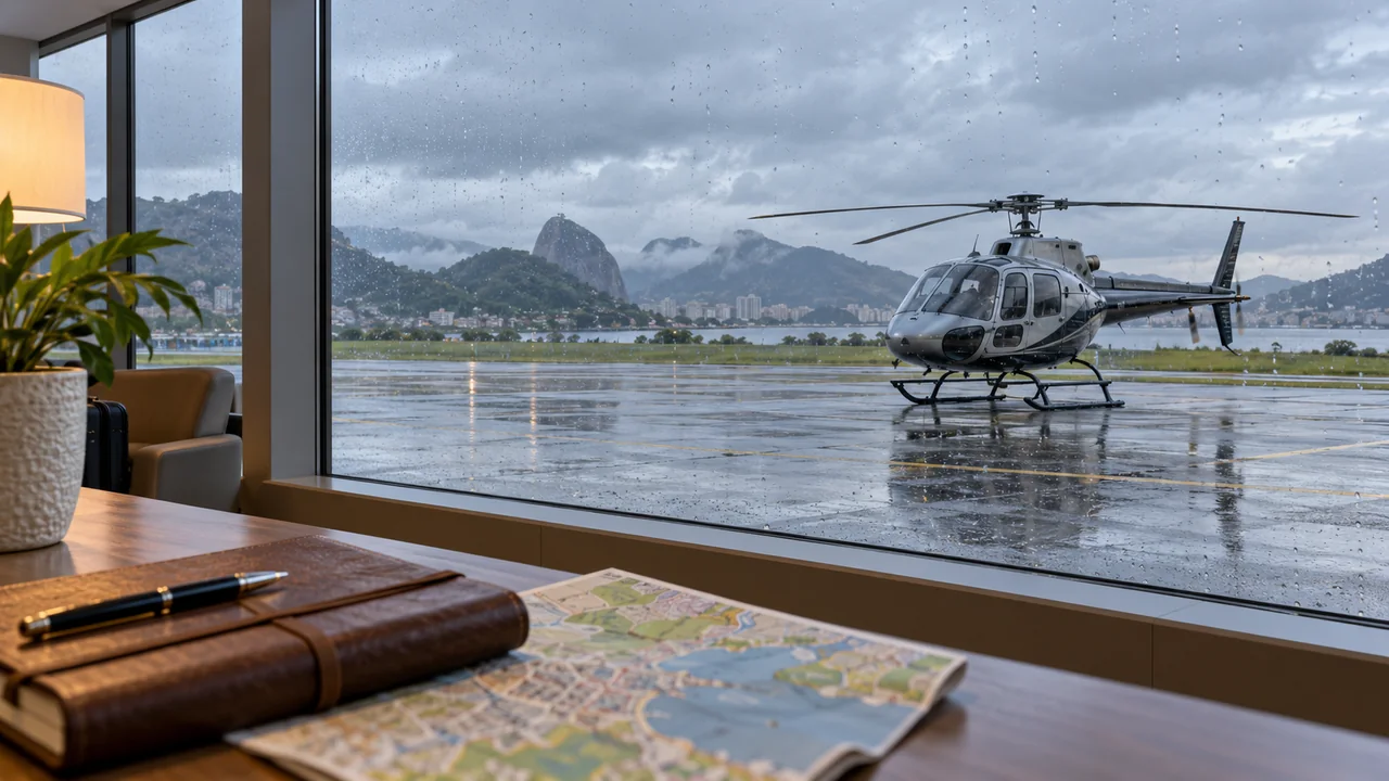 Passeio de helicóptero com chuva representado por aeronave estacionada em pátio molhado, vista de uma sala de espera.