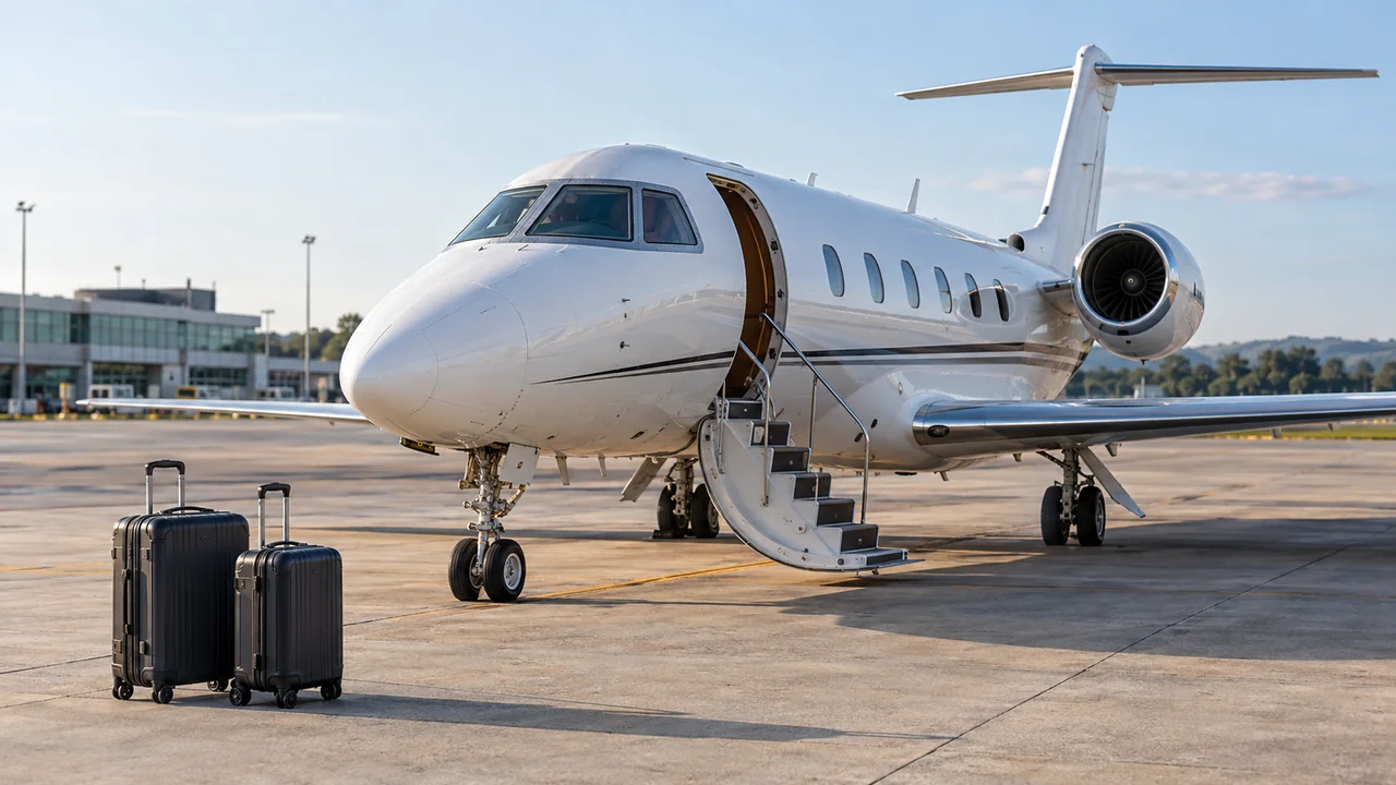 Táxi aéreo com várias paradas representado por imagem gerada de jato executivo estacionado, com malas junto ao embarque.
