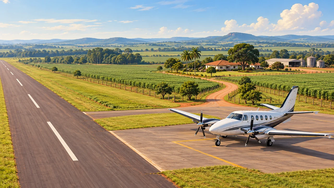 Táxi aéreo para fazendas ilustrado por avião estacionado em pátio junto a pista rural, com lavouras e sede ao fundo.